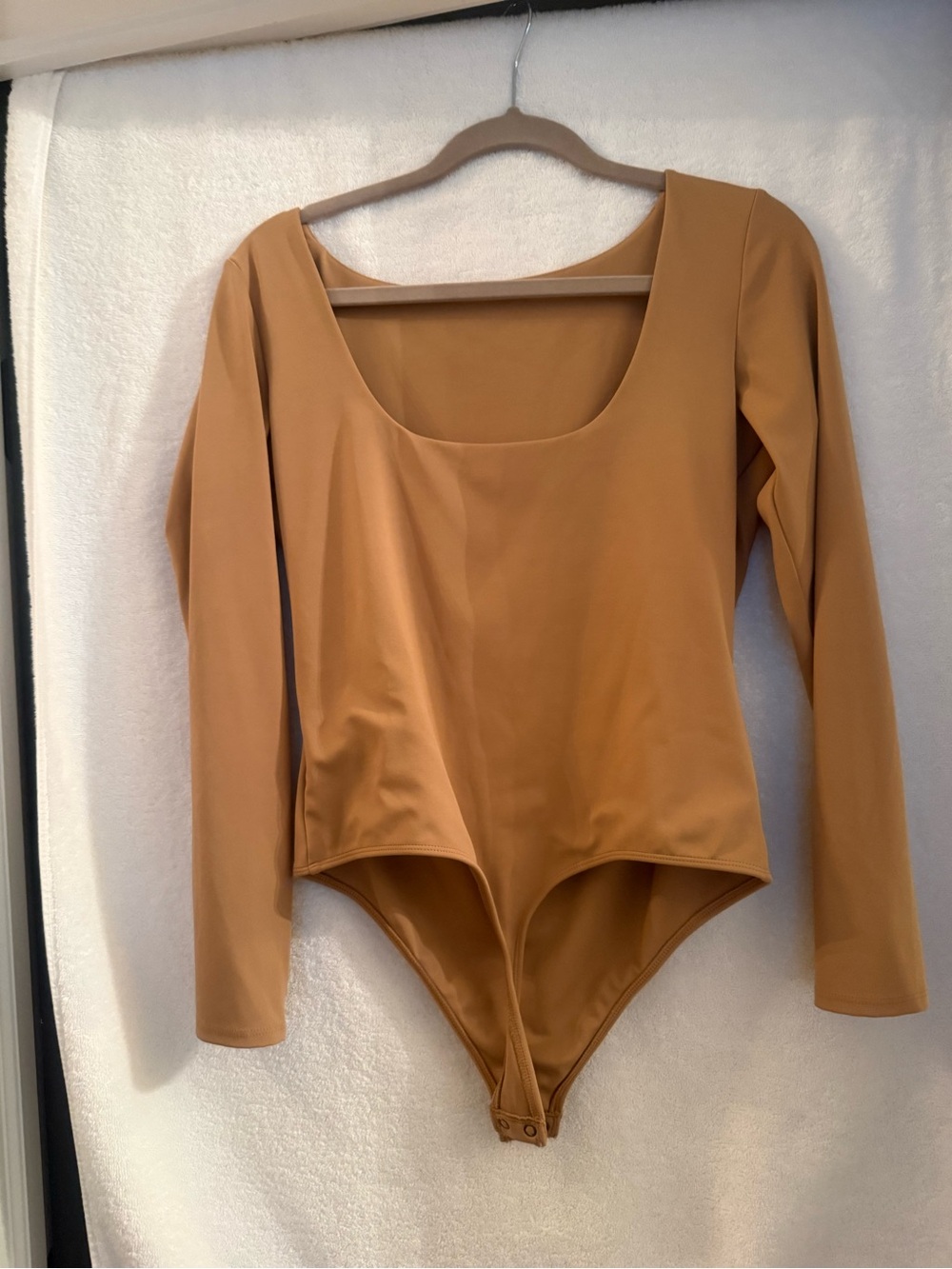 Express Camel Long Sleeve Scoop Neck Bodysuit